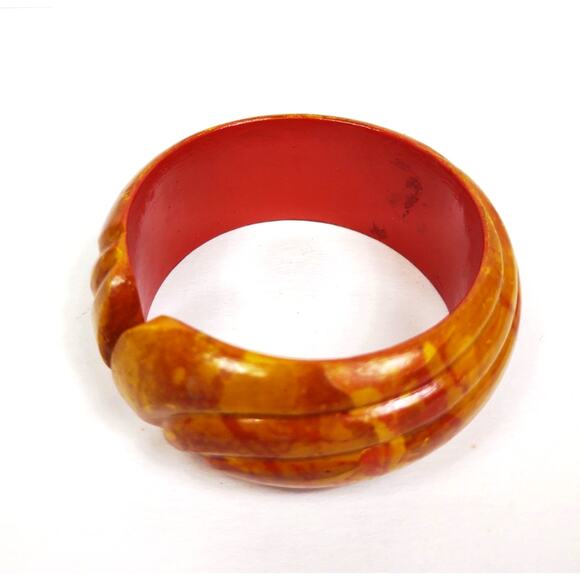 Vintage Handmade Thick Wooden Chunky Cuff Bracelet Handpainted Hippie Boho 70's - Picture 4 of 8